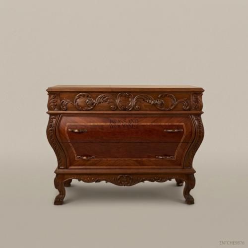 Louis XV Rococo Bombé Commode Hand-Carved Acanthus Frieze Chevron Mahogany Veneer Brass and Wood Front View | Brass & Wood