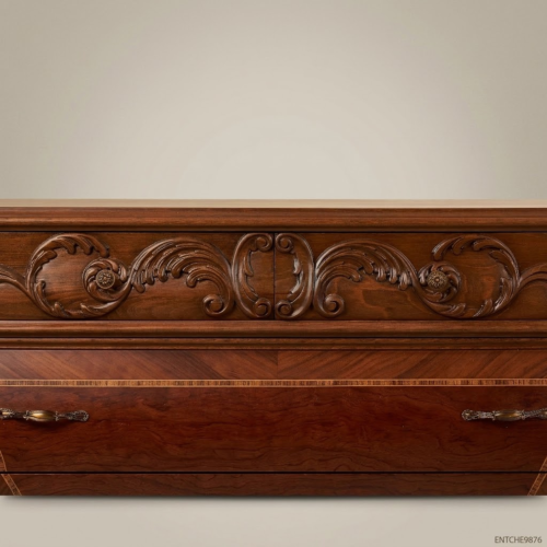 Louis XV Rococo Bombé Commode Hand-Carved Acanthus Frieze Chevron Mahogany Veneer Brass and Wood Front View | Brass & Wood