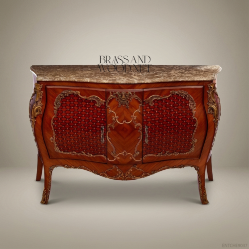 Louis XV Rococo Bombé Commode Cherry Wood Marble Top Antique Gold Brass Mounts Diamond Lattice Doors Brass and Wood Front View | Brass & Wood