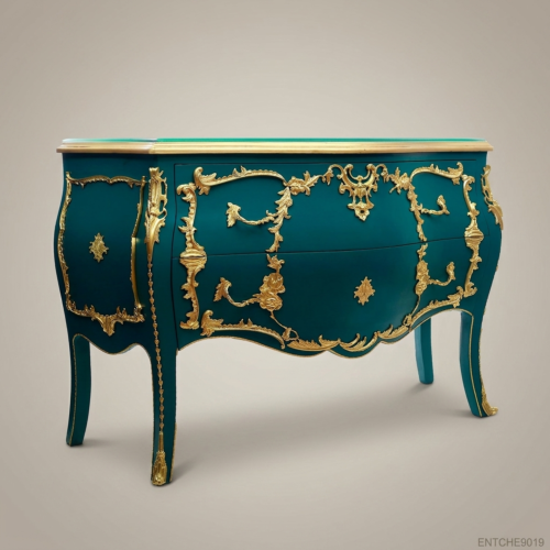 Louis XV Rococo Bombé Commode Teal Lacquer Gilt Bronze Ormolu Mounts Two Drawers Cabriole Legs Front View | Brass & Wood