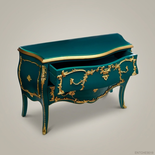 Louis XV Rococo Bombé Commode Teal Lacquer Gilt Bronze Ormolu Mounts Two Drawers Cabriole Legs Front View | Brass & Wood