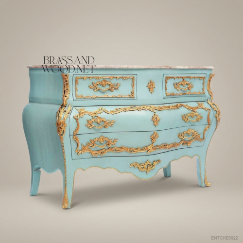 Louis XV Rococo Bombé Commode Turquoise Lacquer Gilt Bronze Mounts Pink Marble Top Brass and Wood Front View | Brass & Wood