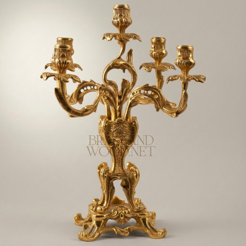 Louis XV Rococo Five-Arm Brass Candelabra Acanthus Scrollwork Rocaille Base Gold Front | Brass & Wood