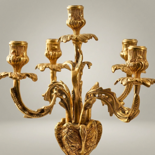 Louis XV Rococo Five-Arm Brass Candelabra Acanthus Scrollwork Rocaille Base Gold Front | Brass & Wood