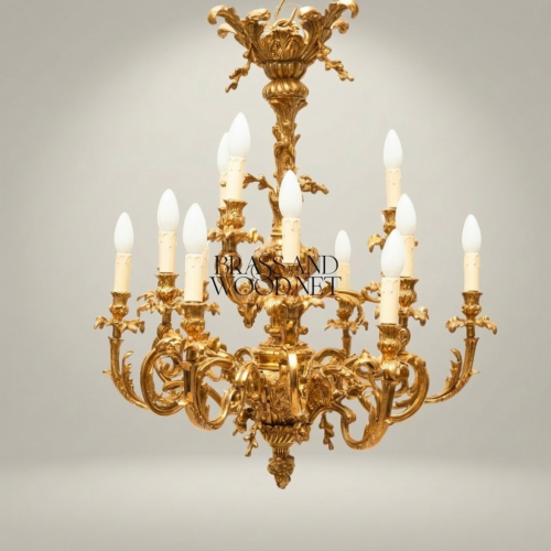 Louis XV Rococo 12-Arm Brass Chandelier Acanthus Scroll Ornate Candle Style Brass and Wood Gold Front | Brass & Wood