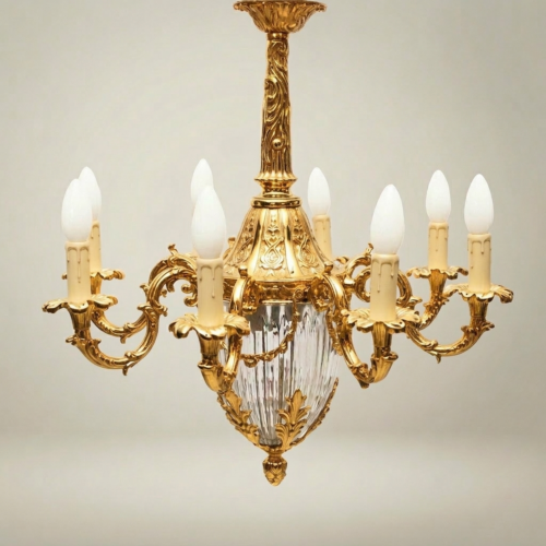Louis XV Rococo Brass and Crystal 8-Arm Chandelier Acanthus Scrollwork Candle Lights Gold Front | Brass & Wood