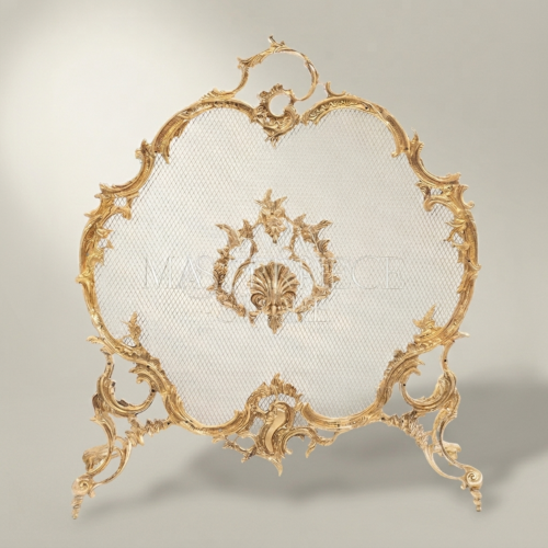 Louis XV Rococo Gilt Brass Fireplace Screen with Shell Cartouche Mesh and Matching Tool Stand Gold Front | Brass & Wood