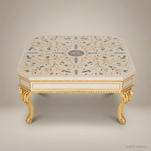 Louis XV Rococo Coffee Table Ivory Lacquer 24K Gold Leaf Cabriole Legs Floral Botanical Inlay Brass & Wood Front View | Brass & Wood