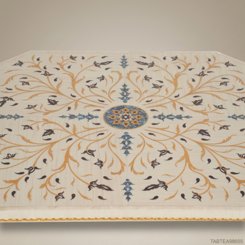 Louis XV Rococo Coffee Table Ivory Lacquer 24K Gold Leaf Cabriole Legs Floral Botanical Inlay Brass & Wood Front View | Brass & Wood