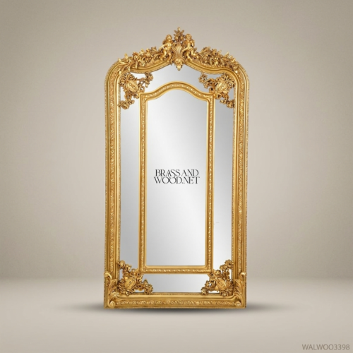 Louis XV Rococo Full-Length Floor Mirror Gold Leaf Carved Solid Wood Frame Brass & Wood Front View | Brass & Wood