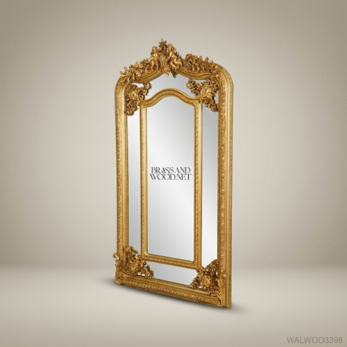 Louis XV Rococo Full-Length Floor Mirror Gold Leaf Carved Solid Wood Frame Brass & Wood Front View | Brass & Wood