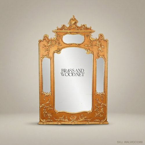 Louis XV Rococo Gilded Triple-Panel Pier Mirror Hand-Carved Gold Frame 190cm Brass and Wood Front View | Brass & Wood