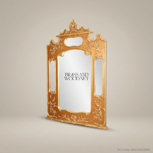 Louis XV Rococo Gilded Triple-Panel Pier Mirror Hand-Carved Gold Frame 190cm Brass and Wood Front View | Brass & Wood