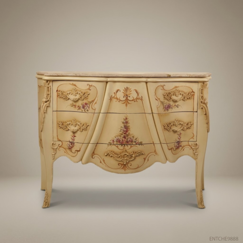 Louis XV Rococo Ivory Lacquer Bombe Commode Hand-Painted Florals Gold Carved Scrollwork Marble Top Solid Wood Brass & Wood Front View | Brass & Wood