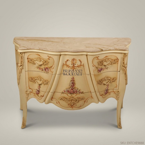 Louis XV Rococo Ivory Lacquer Bombe Commode Hand-Painted Florals Gold Carved Scrollwork Marble Top Solid Wood Brass & Wood Front View | Brass & Wood