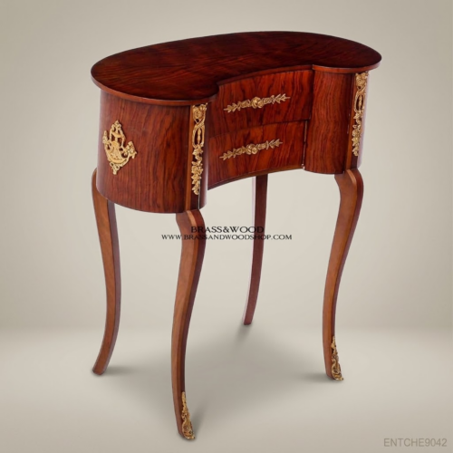 Louis XV Rococo Kidney Shaped Side Table Gilt Ormolu Mounts Twin Drawers Mahogany Brass and Wood Front View | Brass & Wood