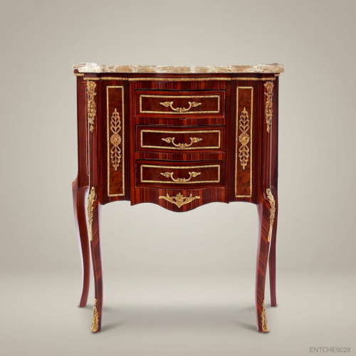 Louis XV Rococo Mahogany Four-Drawer Chiffonnier Beige Marble Top Gilt Bronze Mounts Brass and Wood Front View | Brass & Wood