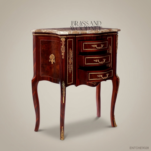 Louis XV Rococo Mahogany Four-Drawer Chiffonnier Beige Marble Top Gilt Bronze Mounts Brass and Wood Front View | Brass & Wood