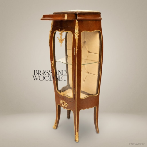 Louis XV Rococo Mahogany Bombé Display Vitrine Gilt Ormolu Mounts Marble Top Tufted Interior Front View | Brass & Wood