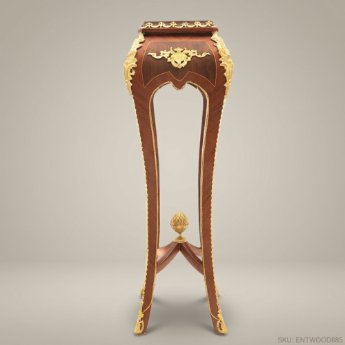 Louis XV Rococo Marquetry Pedestal Stand Gilt Bronze Mounts Cream Marble Top Cabriole Legs Front View | Brass & Wood