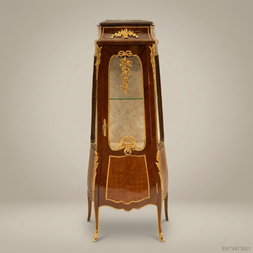 Louis XV Rococo Marquetry Vitrine Cabinet Gilt Bronze Ormolu Mounts Marble Top Glass Door Front View | Brass & Wood