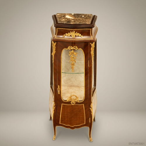 Louis XV Rococo Marquetry Vitrine Cabinet Gilt Bronze Ormolu Mounts Marble Top Glass Door Front View | Brass & Wood