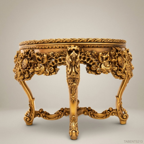 Louis XV Rococo Round Entryway Table Hand-Carved Gold Leaf Solid Wood Emperador Marble Top Brass & Wood Front View | Brass & Wood