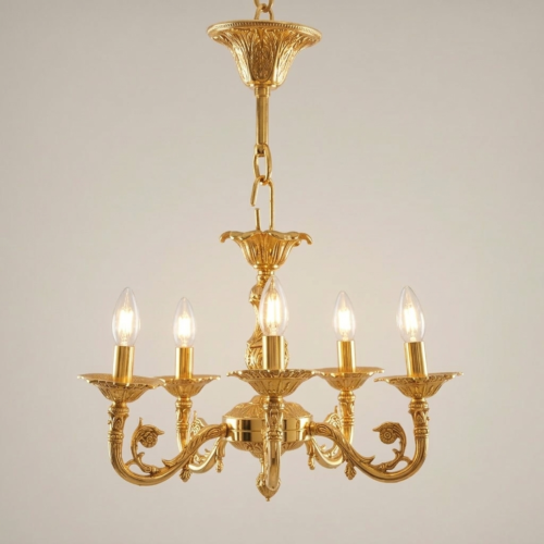 Louis XV Rococo Solid Brass 5-Arm Chandelier Acanthus Scroll Candle Arms Brass and Wood Gold Front | Brass & Wood