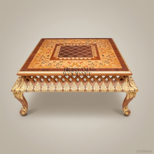 Louis XV Rococo Tea Table Marquetry Top Gold Leaf Carved Lattice Apron Cabriole Legs Brass & Wood Front View | Brass & Wood