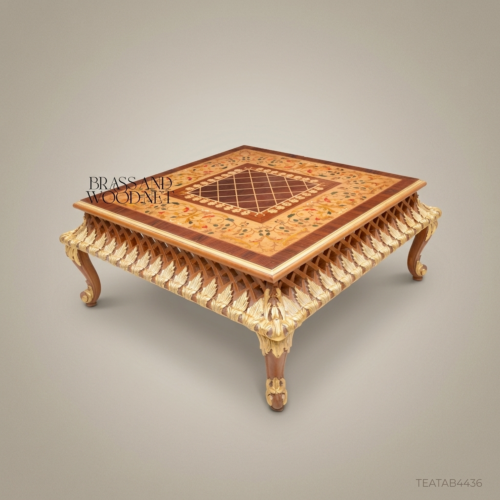Louis XV Rococo Tea Table Marquetry Top Gold Leaf Carved Lattice Apron Cabriole Legs Brass & Wood Front View | Brass & Wood
