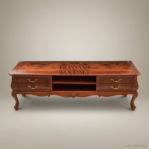Louis XV Rococo Handcrafted TV Console Solid Wood Burl Veneer Drawers Carved Cabriole Legs Antique Gold Brass Handles Front View | Brass & Wood
