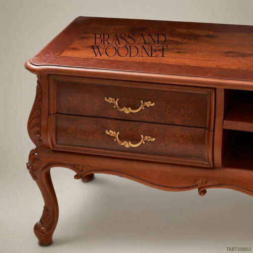 Louis XV Rococo Handcrafted TV Console Solid Wood Burl Veneer Drawers Carved Cabriole Legs Antique Gold Brass Handles Front View | Brass & Wood
