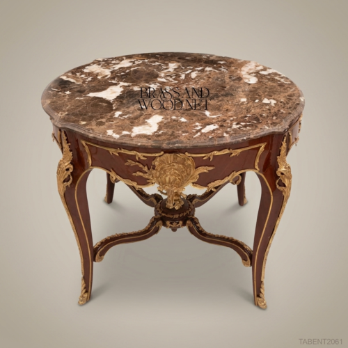Louis XV Round Centre Table Breccia Marble Top Mahogany Gilt Bronze Ormolu Figurine Stretcher Brass and Wood Front View | Brass & Wood