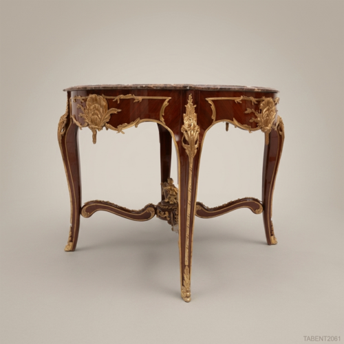 Louis XV Round Centre Table Breccia Marble Top Mahogany Gilt Bronze Ormolu Figurine Stretcher Brass and Wood Front View | Brass & Wood