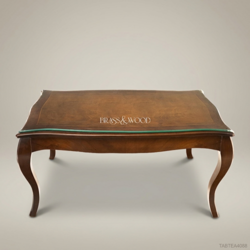Louis XV Rococo Walnut Tea Table Cabriole Legs Glass Top Antique Finish Brass & Wood Front View | Brass & Wood