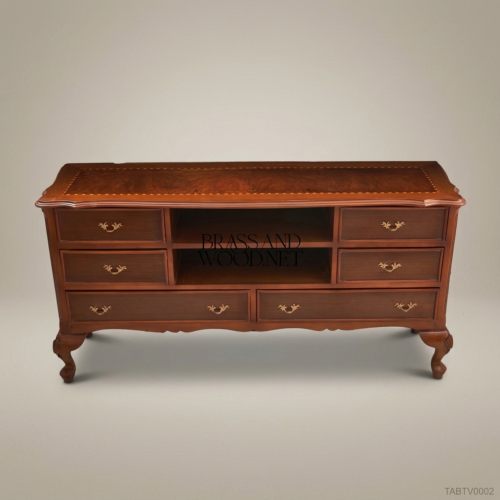 Louis XV Rococo Solid Walnut TV Cabinet Antique Brass Marquetry Cabriole Legs Brass and Wood Front View | Brass & Wood