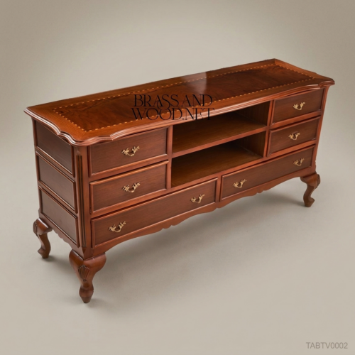 Louis XV Rococo Solid Walnut TV Cabinet Antique Brass Marquetry Cabriole Legs Brass and Wood Front View | Brass & Wood