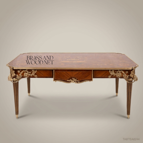 Louis XV Rococo Writing Desk Floral Marquetry Gilt Bronze Mounts Solid Wood Brass & Wood Front View | Brass & Wood