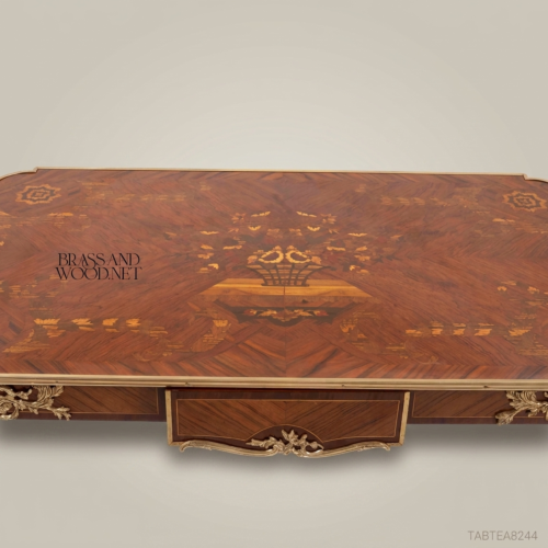 Louis XV Rococo Writing Desk Floral Marquetry Gilt Bronze Mounts Solid Wood Brass & Wood Front View | Brass & Wood