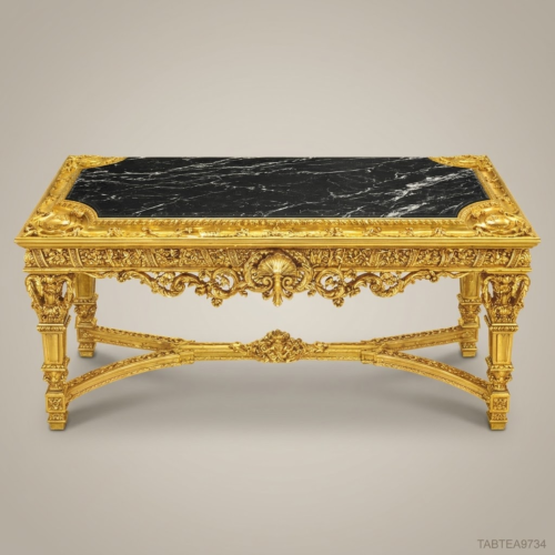 Louis XVI Baroque Centre Table Gold Leaf Carved Solid Wood Black Marble Top Brass & Wood Front View | Brass & Wood