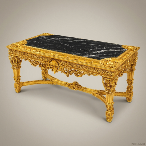 Louis XVI Baroque Centre Table Gold Leaf Carved Solid Wood Black Marble Top Brass & Wood Front View | Brass & Wood