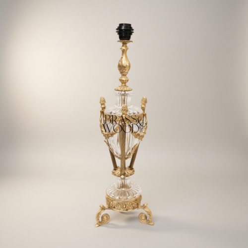 Louis XVI Handcrafted Crystal Urn Table Lamp with Brass Garland Pinecone Finials Off-White Shade Antique Gold Front | Brass & Wood