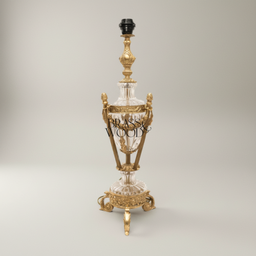 Louis XVI Handcrafted Crystal Urn Table Lamp with Brass Garland Pinecone Finials Off-White Shade Antique Gold Front | Brass & Wood