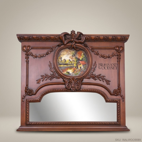 Louis XVI Carved Solid Walnut Trumeau Full-Length Floor Mirror Painted Pastoral Medallion Antique Walnut Finish Brass & Wood Front View | Brass & Wood
