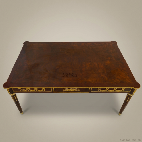 Louis XVI Mahogany Bureau Plat Gilt Bronze Ormolu Mounts Neoclassical Writing Desk Brass & Wood Front View | Brass & Wood