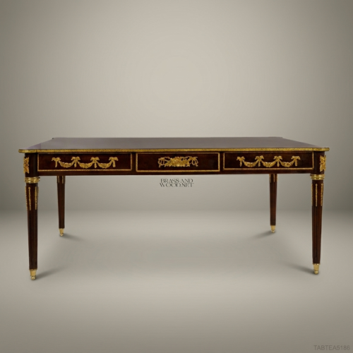 Louis XVI Mahogany Bureau Plat Gilt Bronze Ormolu Mounts Neoclassical Writing Desk Brass & Wood Front View | Brass & Wood