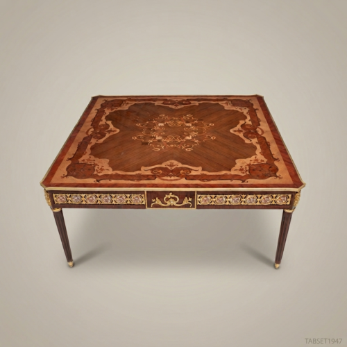 Louis XVI Neoclassical Marquetry Coffee Table Gilt Bronze Mounts Solid Walnut Brass & Wood Front View | Brass & Wood