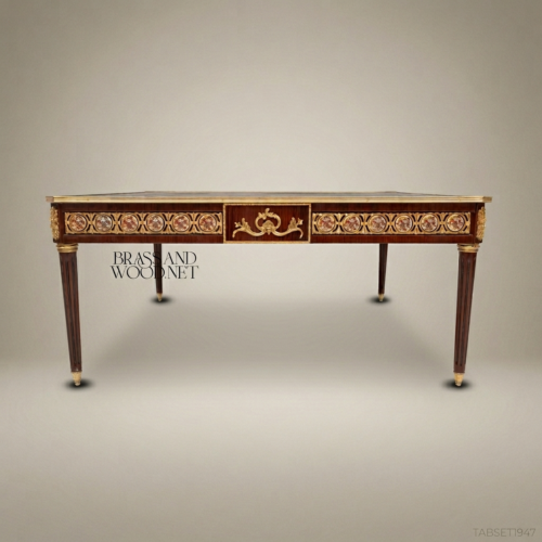 Louis XVI Neoclassical Marquetry Coffee Table Gilt Bronze Mounts Solid Walnut Brass & Wood Front View | Brass & Wood