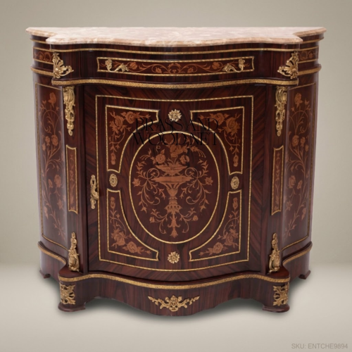 Louis XVI Rosewood Marquetry Commode Marble Top Gilt Bronze Ormolu Mounts Brass and Wood Front View | Brass & Wood