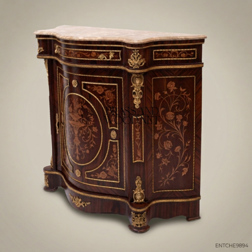 Louis XVI Rosewood Marquetry Commode Marble Top Gilt Bronze Ormolu Mounts Brass and Wood Front View | Brass & Wood
